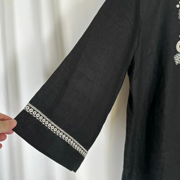 Tommy Bahama Au Natural 3/4 Sleeve Black Linen Tunic M Embroidered Beaded Boho - Picture 6 of 10